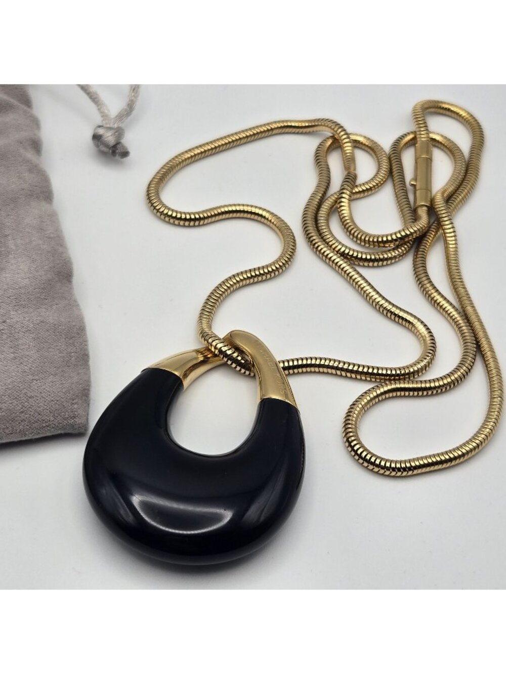 New Michael Kors Autumn Lux Gold Black Pendant Necklace Dust Bag 30"